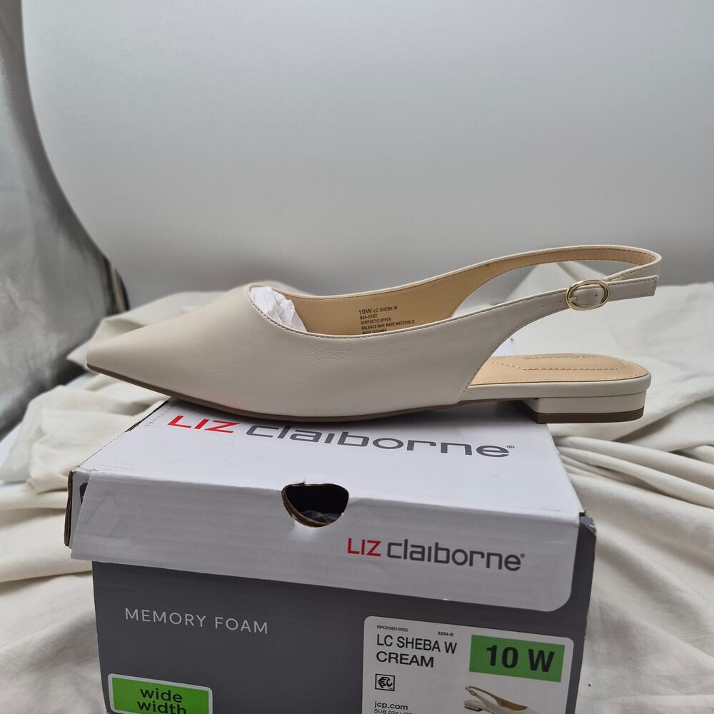 NEW Liz Claiborne Sheba Pointed Toe Slingback Flats Cream Shoes Size 10 Wide - Picture 2 of 9